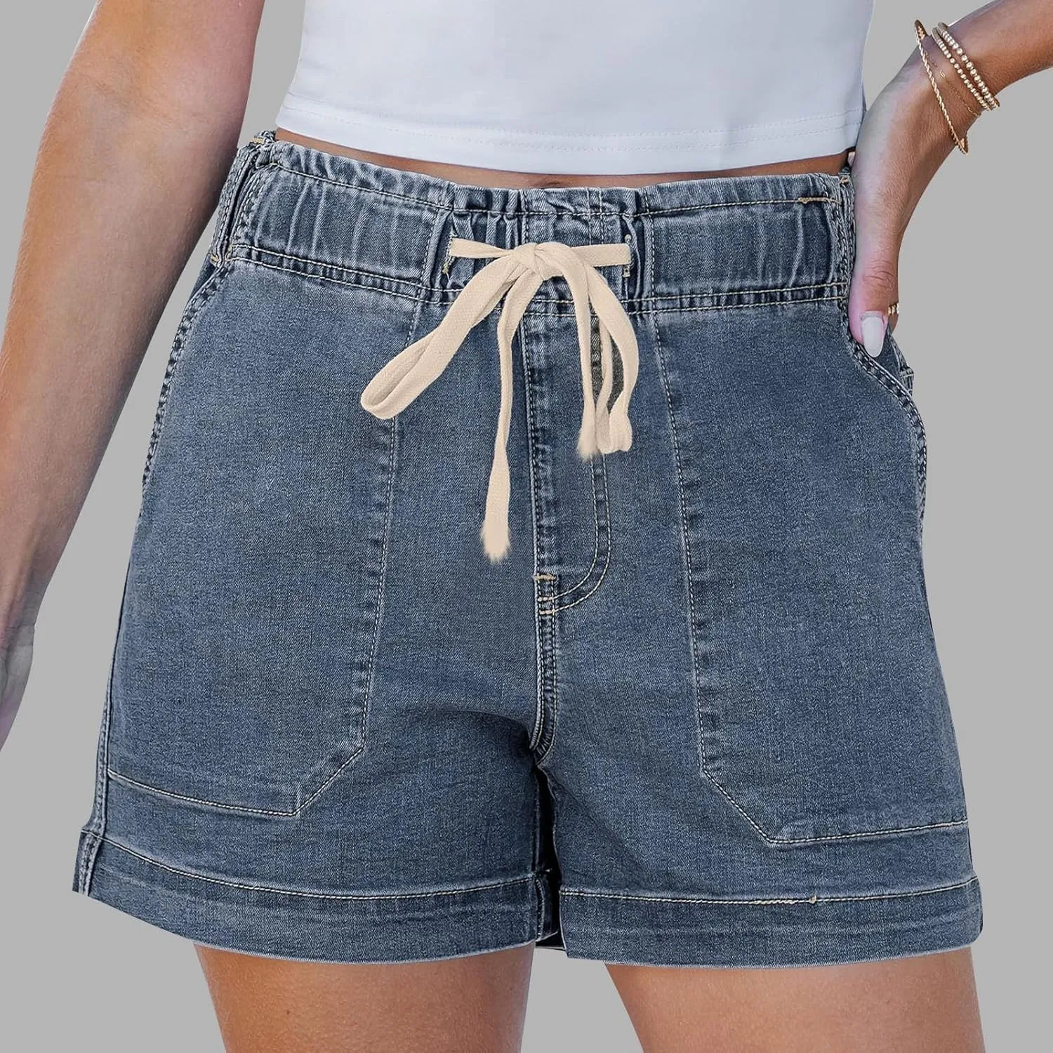 Jean Shorts Womens High Waisted Drawstring Pull On Short Jeans Baggy Casual Denim Chambray Shorts with Pockets