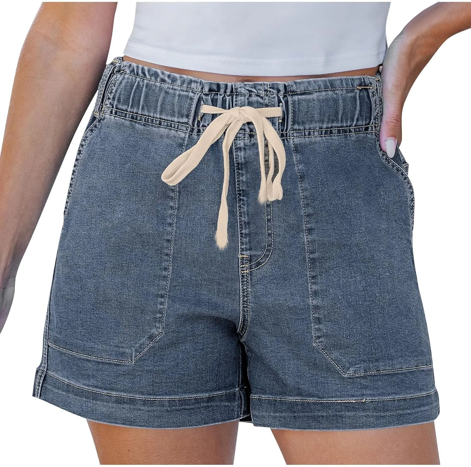 Jean Shorts Womens High Waisted Drawstring Pull On Short Jeans Baggy Casual Denim Chambray Shorts with Pockets
