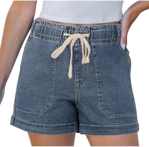 Jean Shorts Womens High Waisted Drawstring Pull On Short Jeans Baggy Casual Denim Chambray Shorts with Pockets