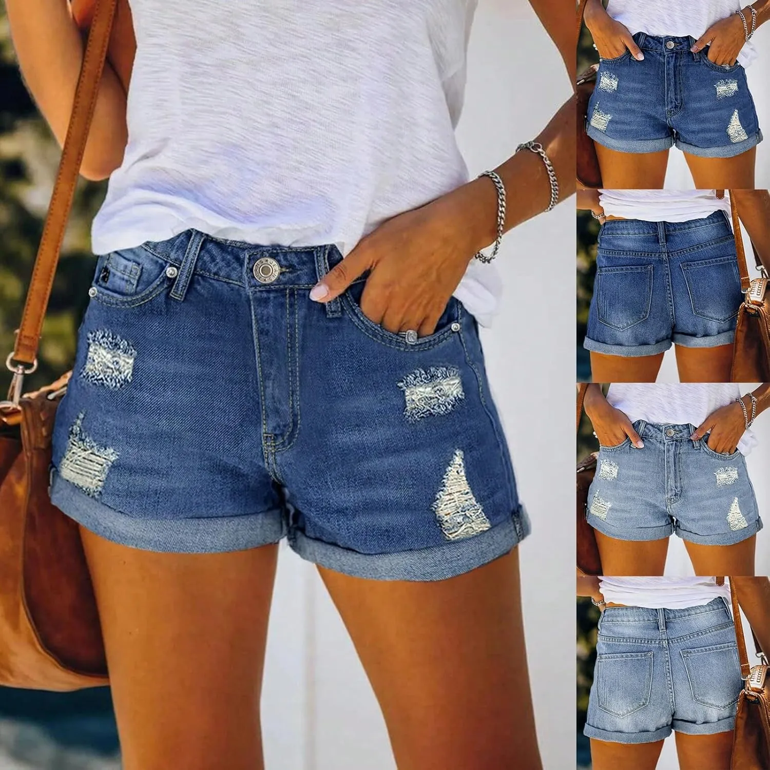 Jean Shorts Womens High Waisted Stretchy Boyfriend Hot Denim Shorts Boyfriend Distressed Ripped Cuffed Jorts Pockets