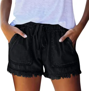 Jeans Shorts for Women Lightweight Drawstring High Waisted Denim Shorts Casual Summer Lounge Shorts with Pockets