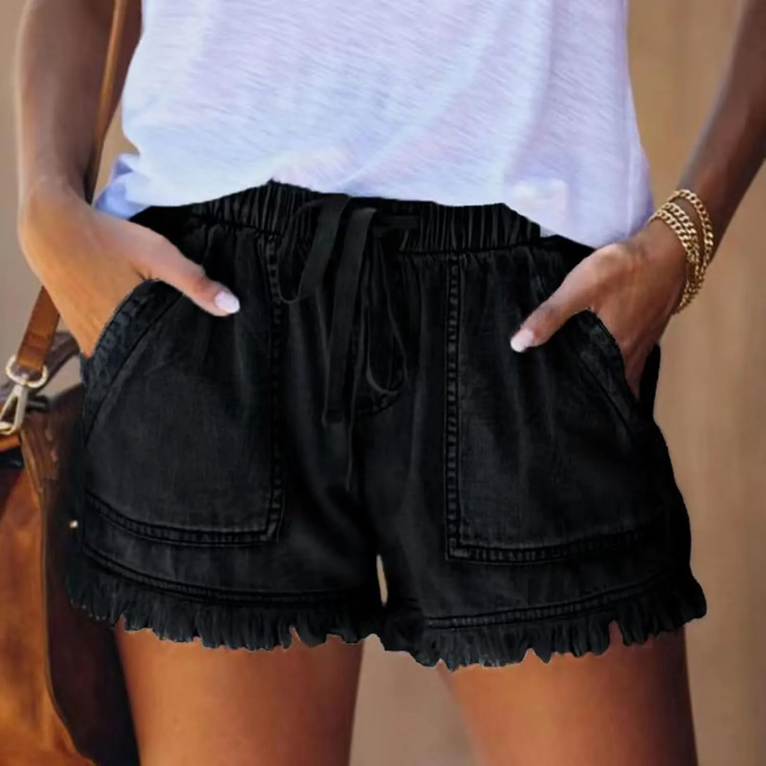 Jeans Shorts for Women Lightweight Drawstring High Waisted Denim Shorts Casual Summer Lounge Shorts with Pockets