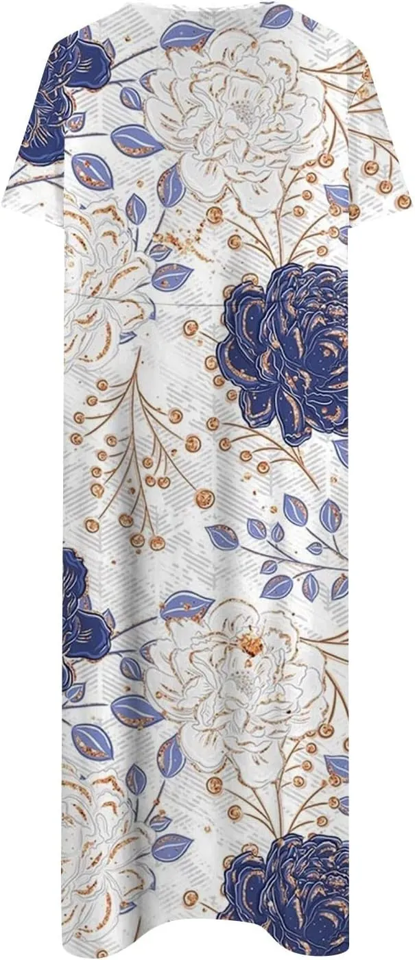 JJHAEVDY Dresses for Women Short Sleeve Crewneck Midi Dress High Waist Printed Dresses Loose Boho Dress Flowy Summer Dresses