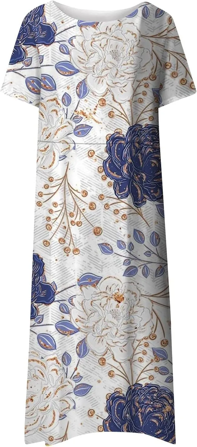 JJHAEVDY Dresses for Women Short Sleeve Crewneck Midi Dress High Waist Printed Dresses Loose Boho Dress Flowy Summer Dresses