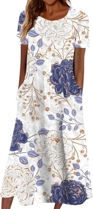 JJHAEVDY Dresses for Women Short Sleeve Crewneck Midi Dress High Waist Printed Dresses Loose Boho Dress Flowy Summer Dresses