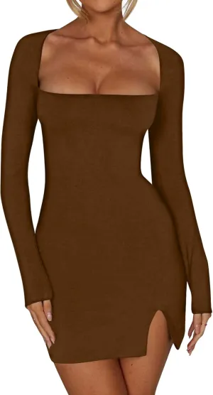 Kaximil Women's Sexy Bodycon Long Sleeve Dress Square Neck Backless Slit Party Mini Dresses
