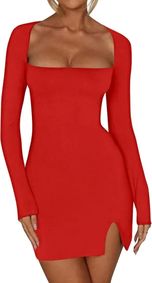 Kaximil Women's Sexy Bodycon Long Sleeve Dress Square Neck Backless Slit Party Mini Dresses