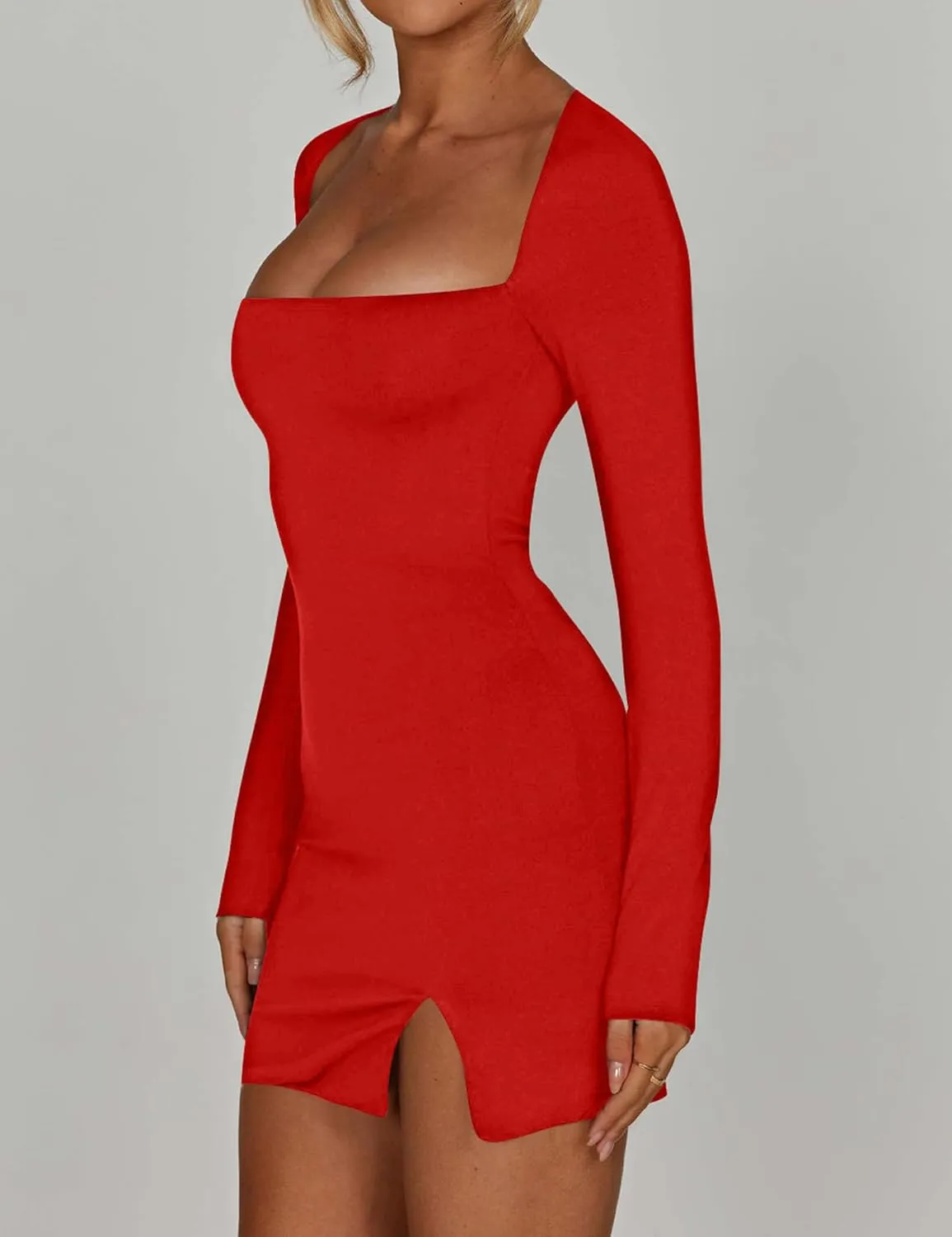 Kaximil Women's Sexy Bodycon Long Sleeve Dress Square Neck Backless Slit Party Mini Dresses