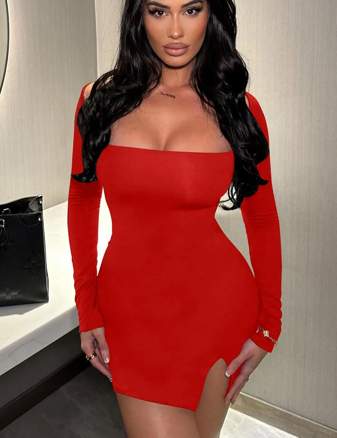 Kaximil Women's Sexy Bodycon Long Sleeve Dress Square Neck Backless Slit Party Mini Dresses