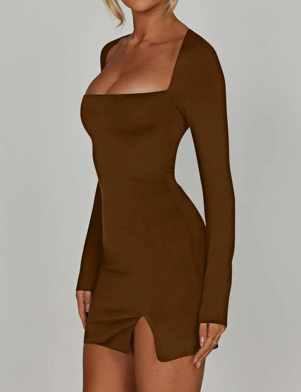 Kaximil Women's Sexy Bodycon Long Sleeve Dress Square Neck Backless Slit Party Mini Dresses
