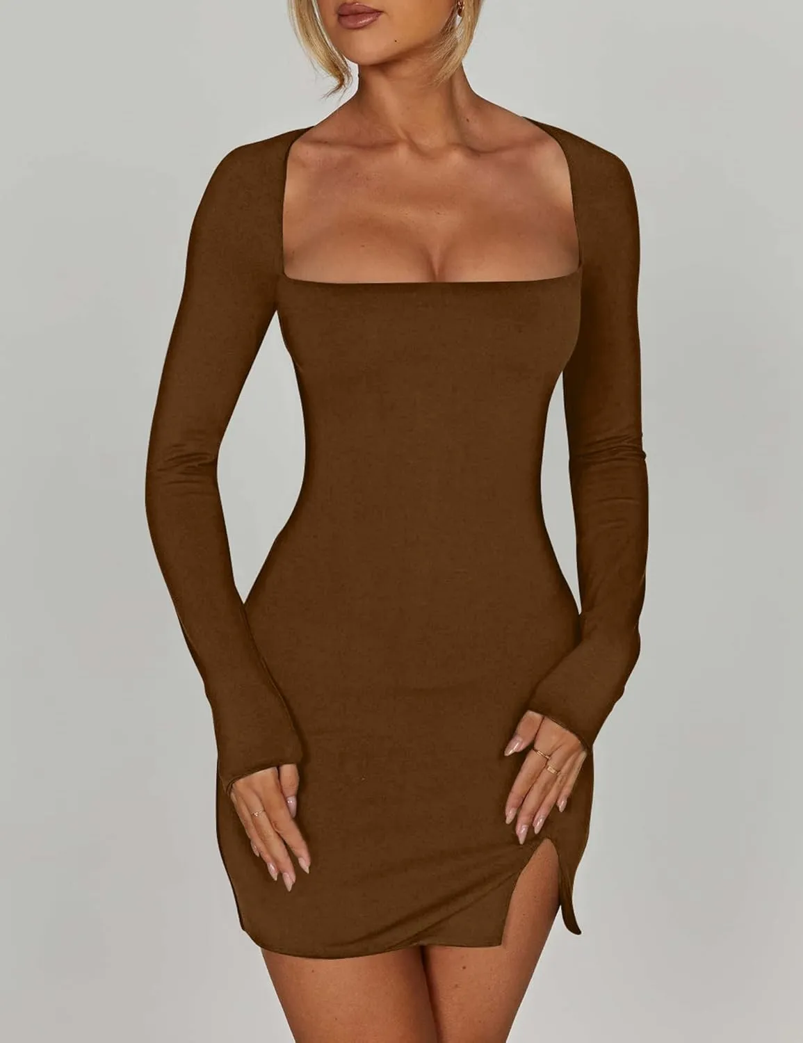 Kaximil Women's Sexy Bodycon Long Sleeve Dress Square Neck Backless Slit Party Mini Dresses