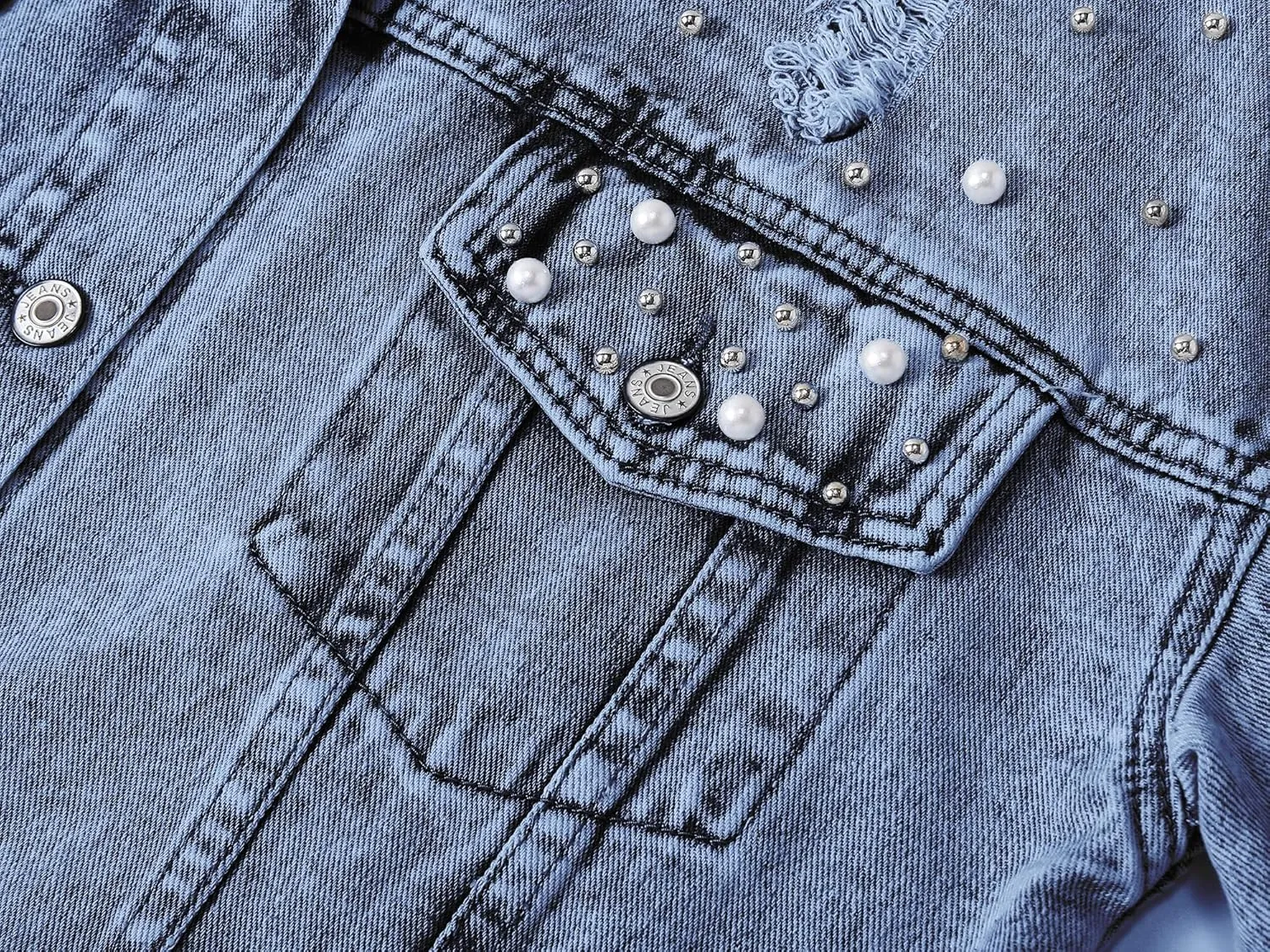 Kedera Jean Jacket Women Pearl Studded Oversized Distressed Denim Jackets Long Sleeves Lapel Denim Coats