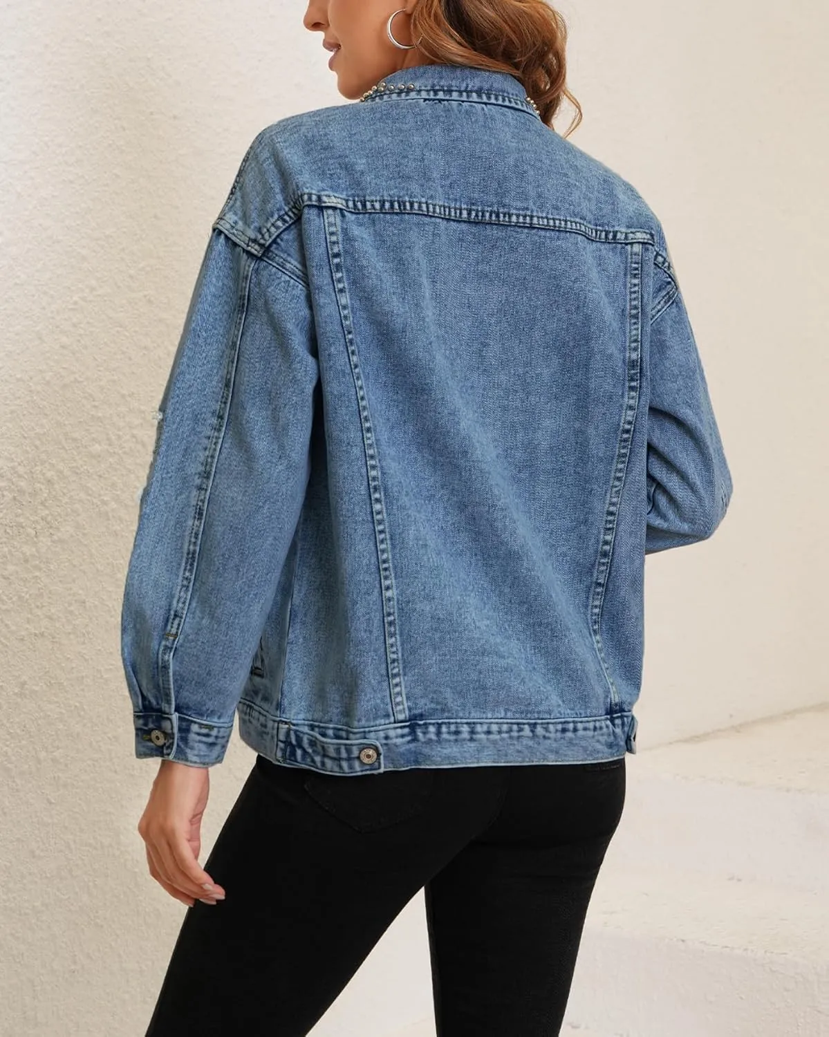 Kedera Jean Jacket Women Pearl Studded Oversized Distressed Denim Jackets Long Sleeves Lapel Denim Coats