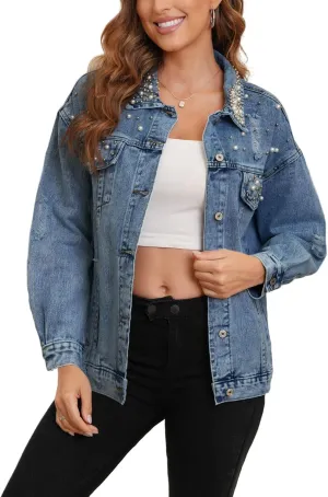 Kedera Jean Jacket Women Pearl Studded Oversized Distressed Denim Jackets Long Sleeves Lapel Denim Coats