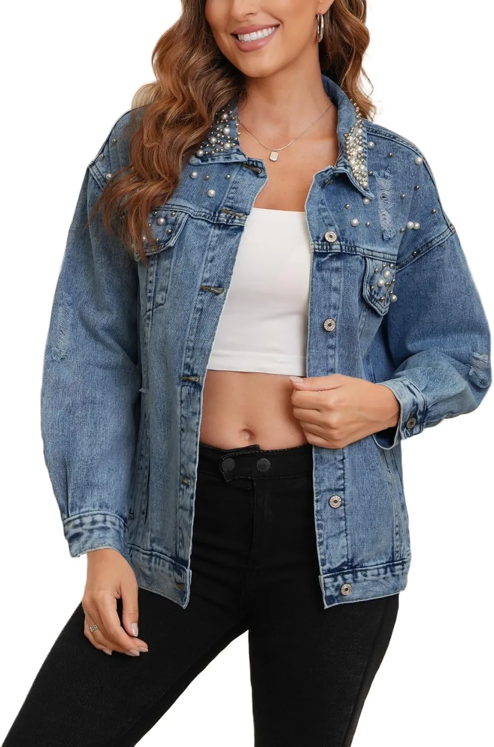 Kedera Jean Jacket Women Pearl Studded Oversized Distressed Denim Jackets Long Sleeves Lapel Denim Coats