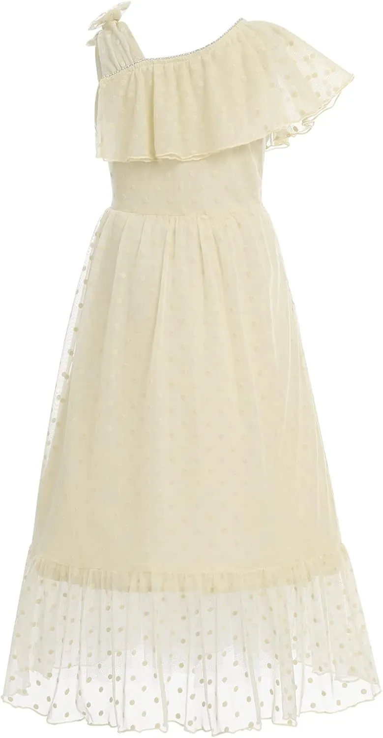 Kids Girls Bowknot Sequin Tulle Party Dress One-Shoulder Wedding Bridesmaid Flower Girl Dresses Pageant Formal Prom Ball Gown