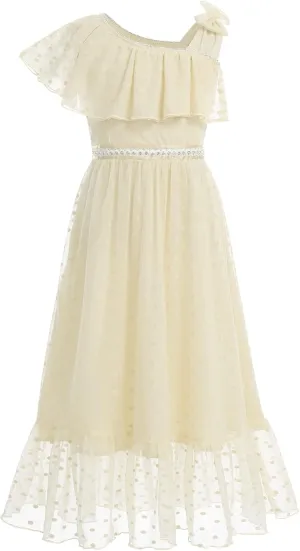 Kids Girls Bowknot Sequin Tulle Party Dress One-Shoulder Wedding Bridesmaid Flower Girl Dresses Pageant Formal Prom Ball Gown