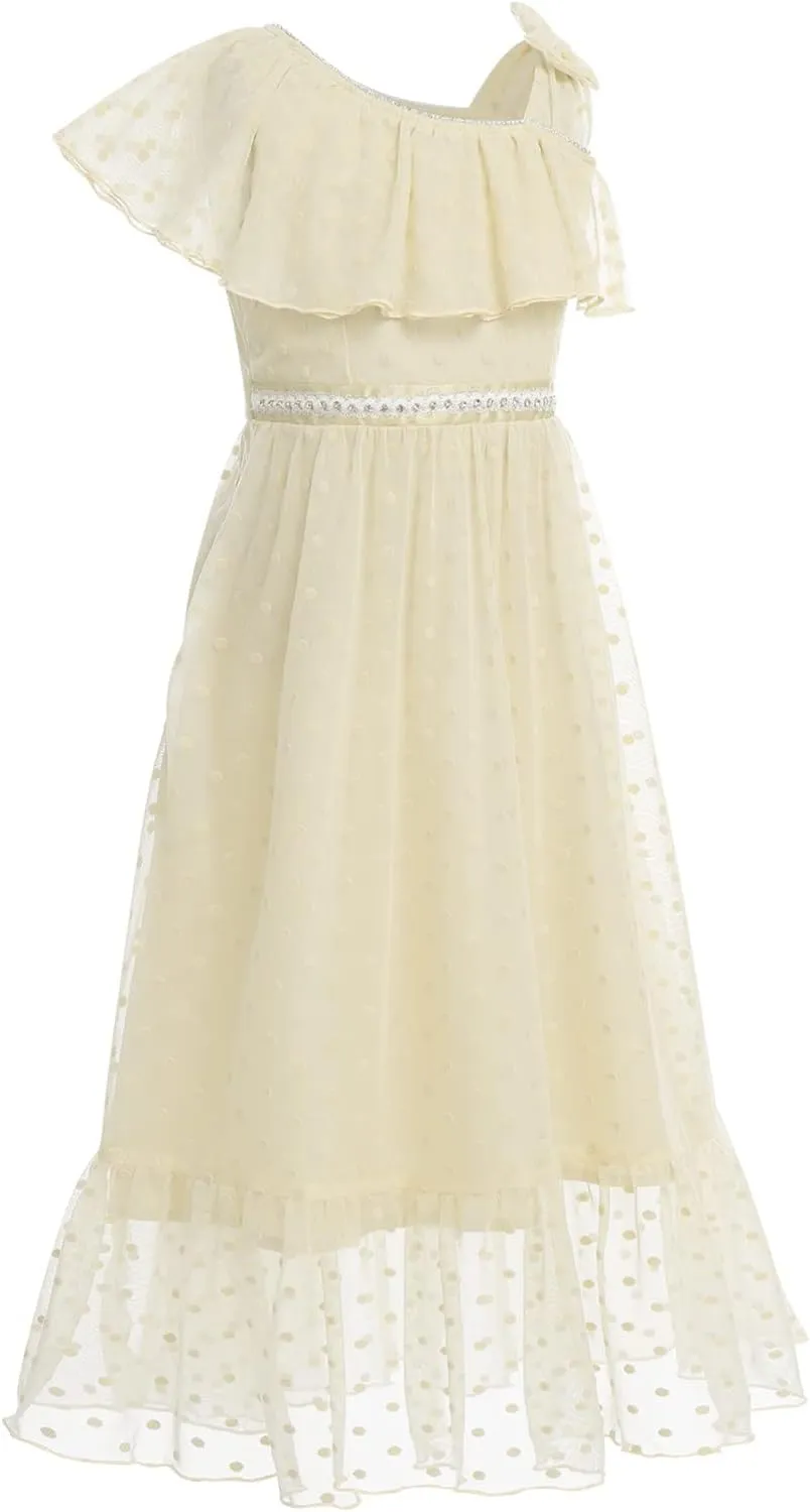 Kids Girls Bowknot Sequin Tulle Party Dress One-Shoulder Wedding Bridesmaid Flower Girl Dresses Pageant Formal Prom Ball Gown