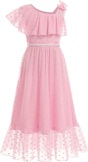 Kids Girls Bowknot Sequin Tulle Party Dress One-Shoulder Wedding Bridesmaid Flower Girl Dresses Pageant Formal Prom Ball Gown
