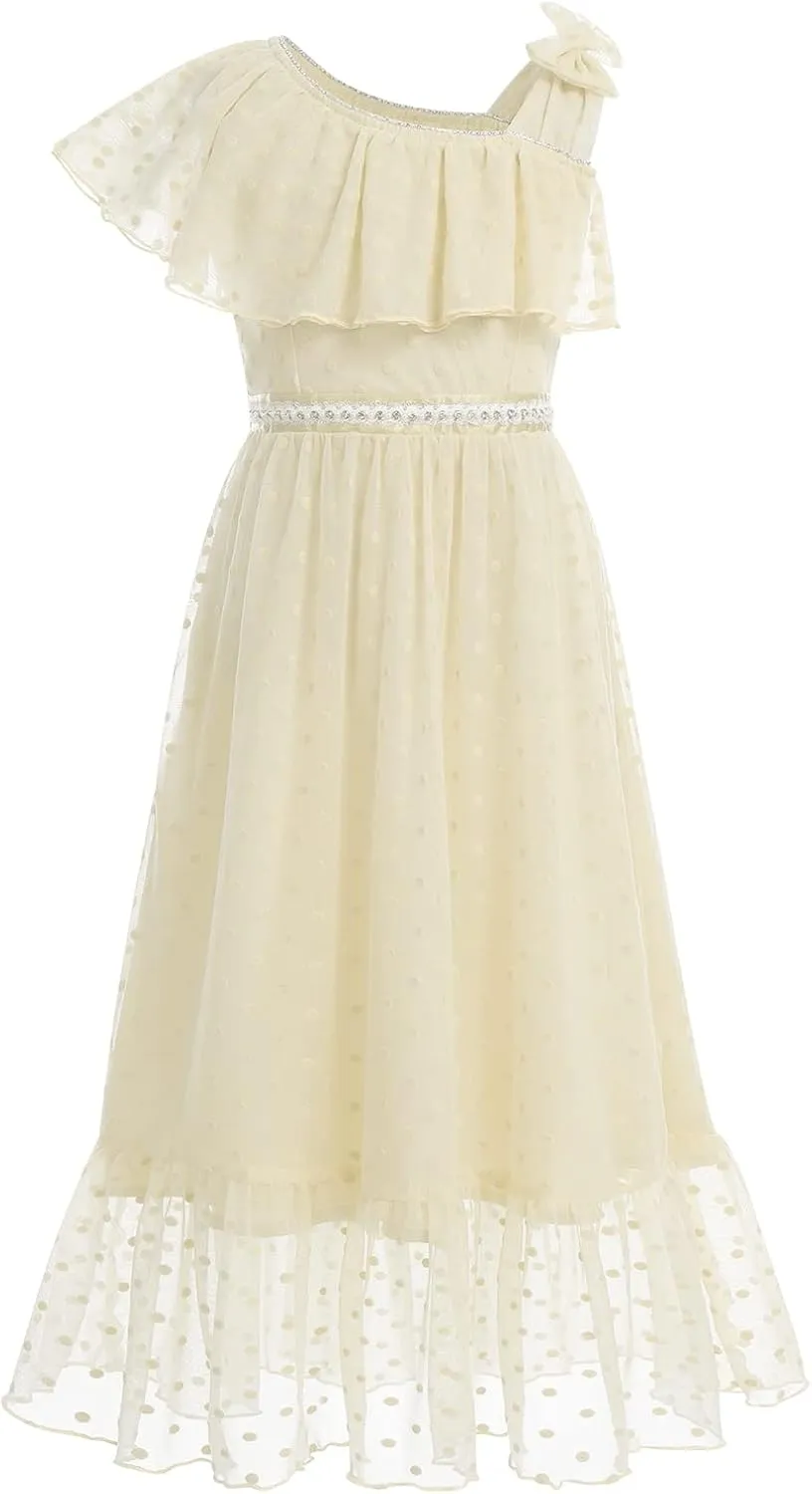Kids Girls Bowknot Sequin Tulle Party Dress One-Shoulder Wedding Bridesmaid Flower Girl Dresses Pageant Formal Prom Ball Gown