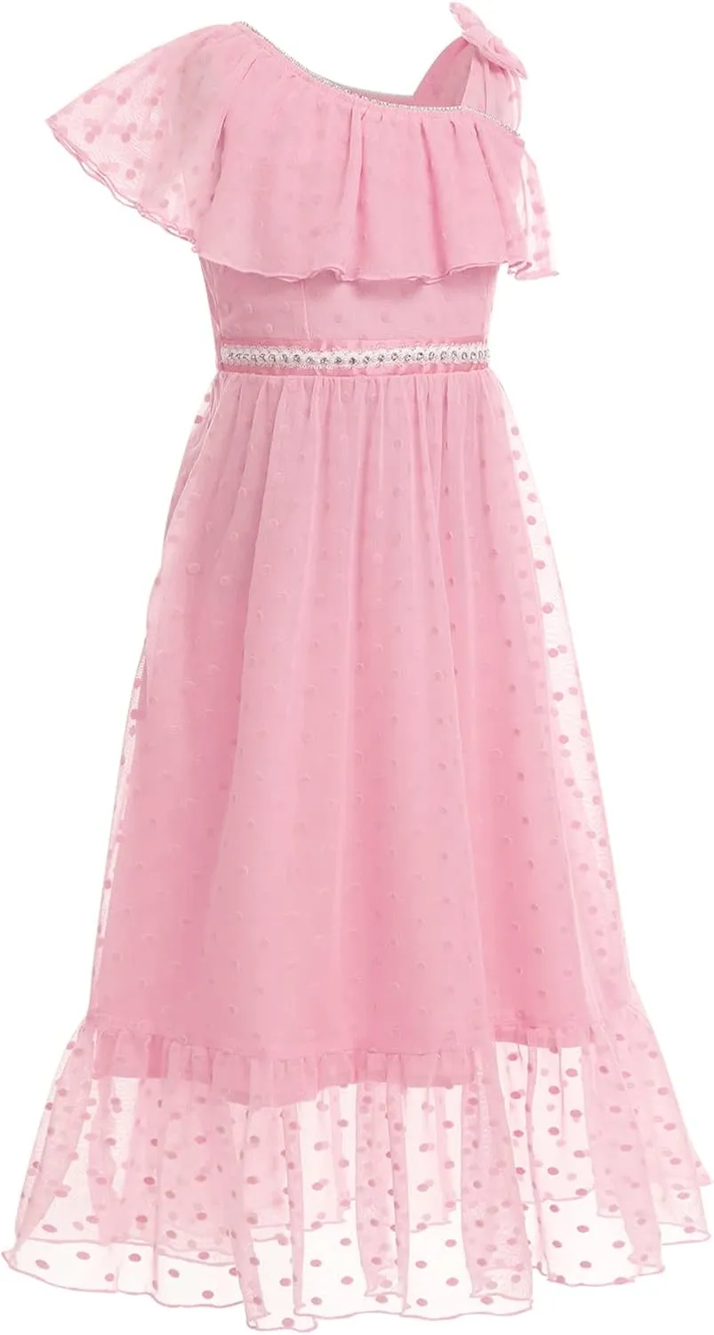 Kids Girls Bowknot Sequin Tulle Party Dress One-Shoulder Wedding Bridesmaid Flower Girl Dresses Pageant Formal Prom Ball Gown