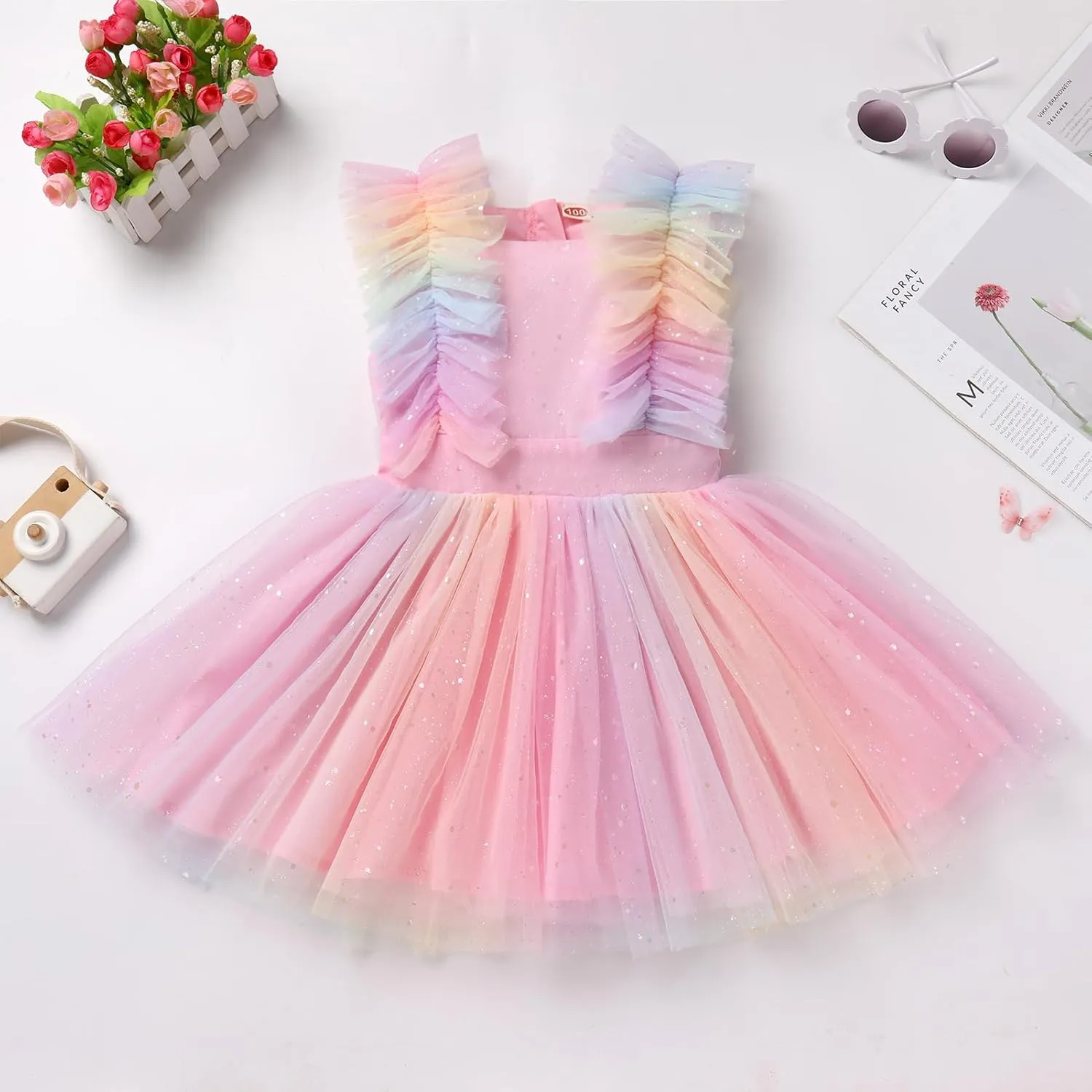 Kids Girls Confetti Birthday Princess Dress Ruffle Sleeve Boho Cake Smash Photo Shoot Outfit 3-10T