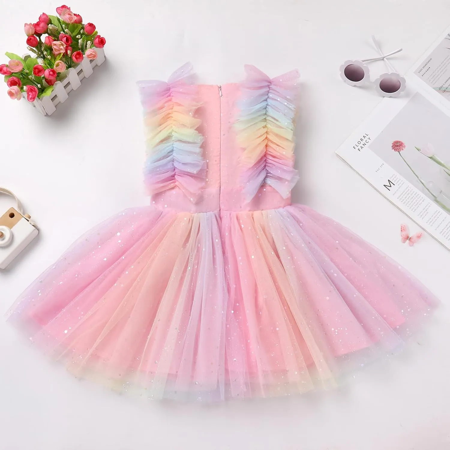 Kids Girls Confetti Birthday Princess Dress Ruffle Sleeve Boho Cake Smash Photo Shoot Outfit 3-10T