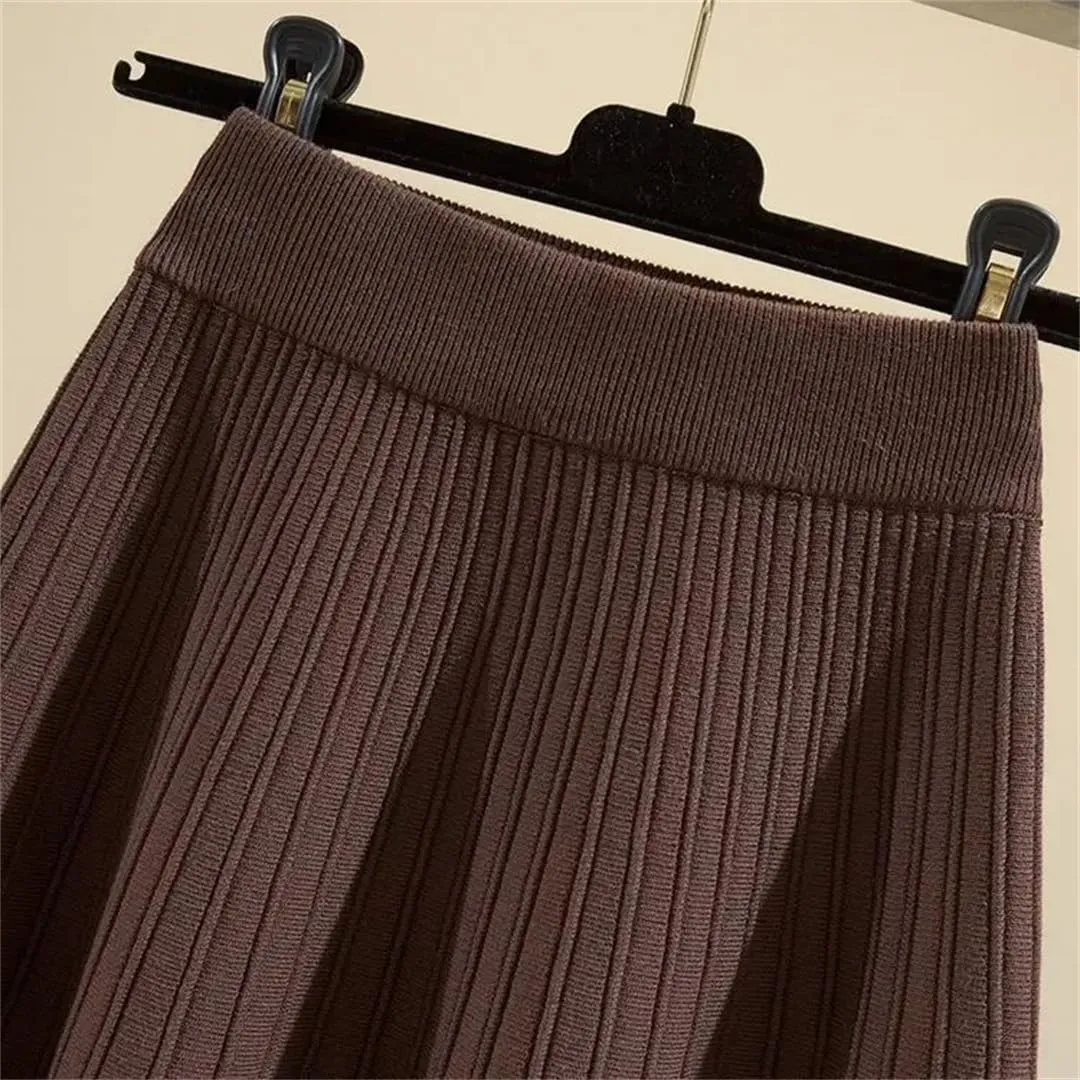 Knitted Mini Skirts Women Winter Solid High Waist Pleated A Line Skirt