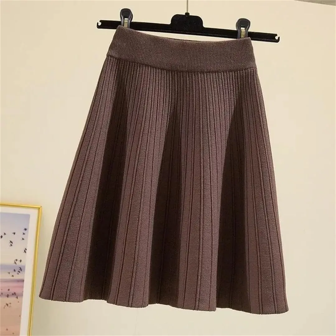 Knitted Mini Skirts Women Winter Solid High Waist Pleated A Line Skirt