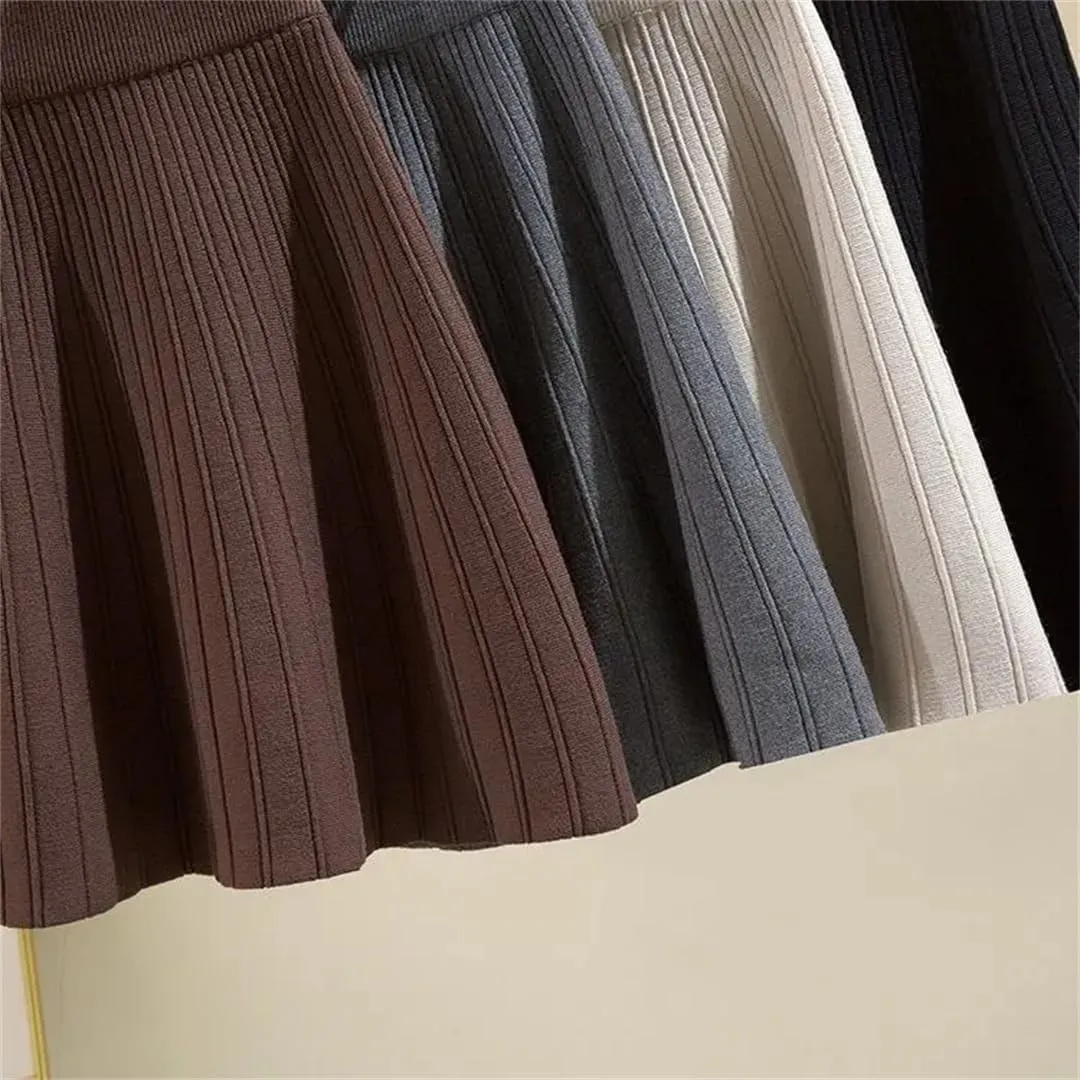 Knitted Mini Skirts Women Winter Solid High Waist Pleated A Line Skirt