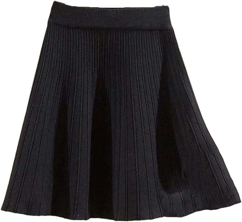 Knitted Mini Skirts Women Winter Solid High Waist Pleated A Line Skirt