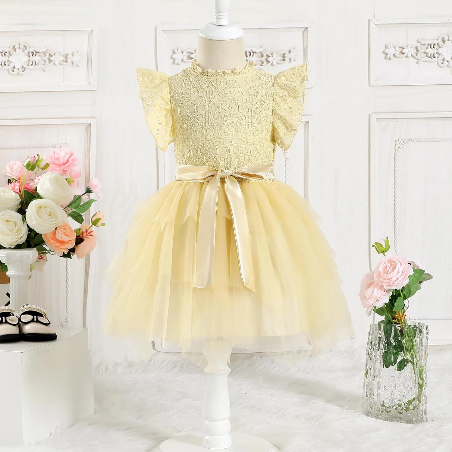 Kucnuzki Toddler Tutu Dress Little Girl Party Dress Elegant Lace Princess Dress Flower Girls Tulle Skirt Dresses 2-7Y