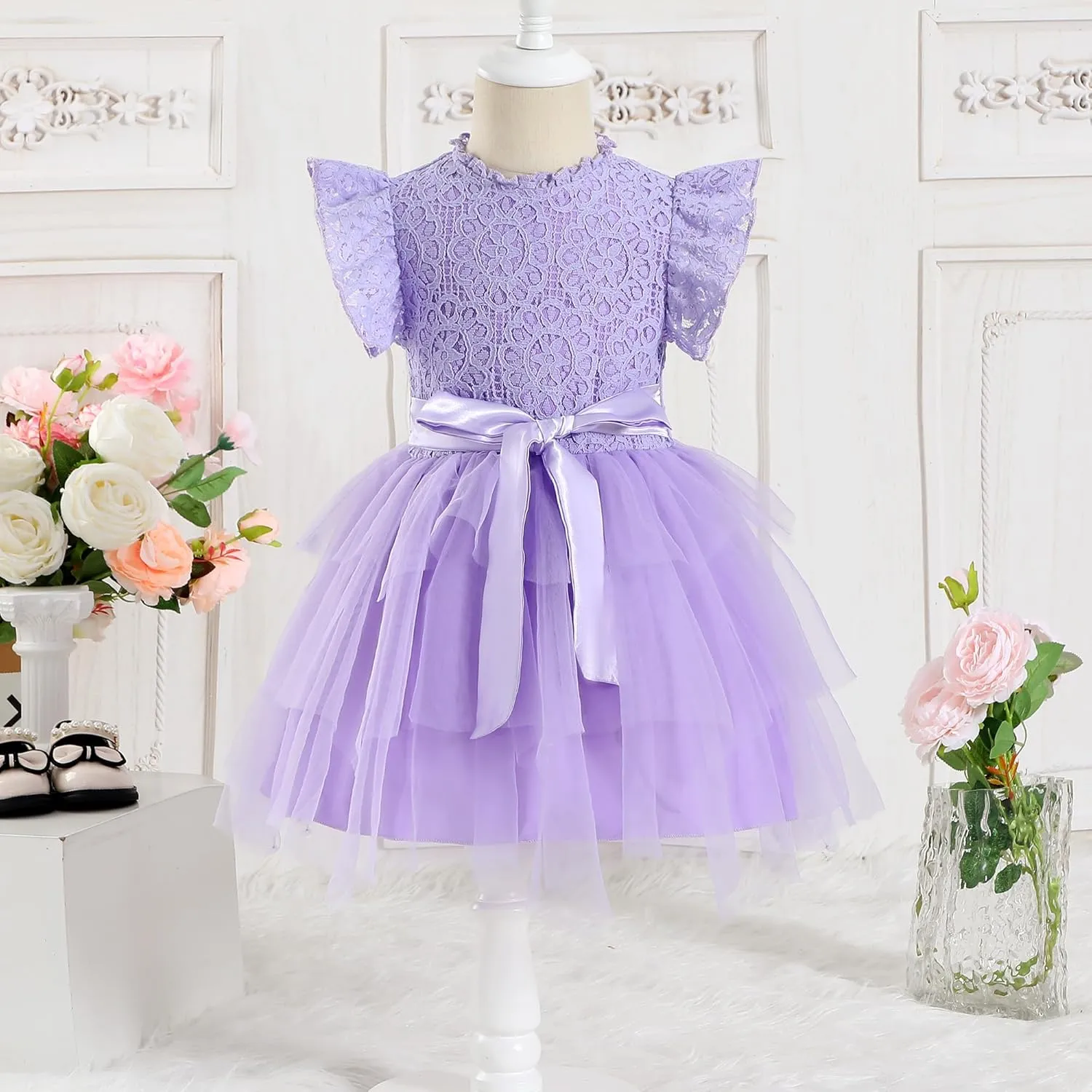 Kucnuzki Toddler Tutu Dress Little Girl Party Dress Elegant Lace Princess Dress Flower Girls Tulle Skirt Dresses 2-7Y