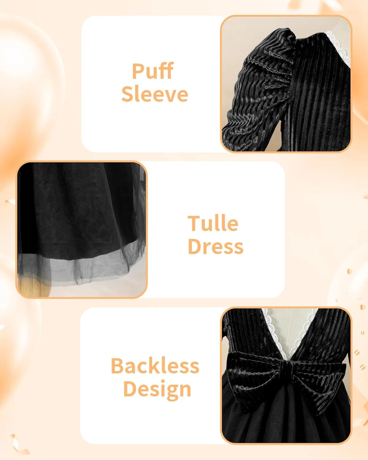 Kucnuzki Toddler Tutu Dress Little Girl Puff Sleeve Backless Fall Winter Princess Dress Flower Girls Velvet Dress 2-7Y