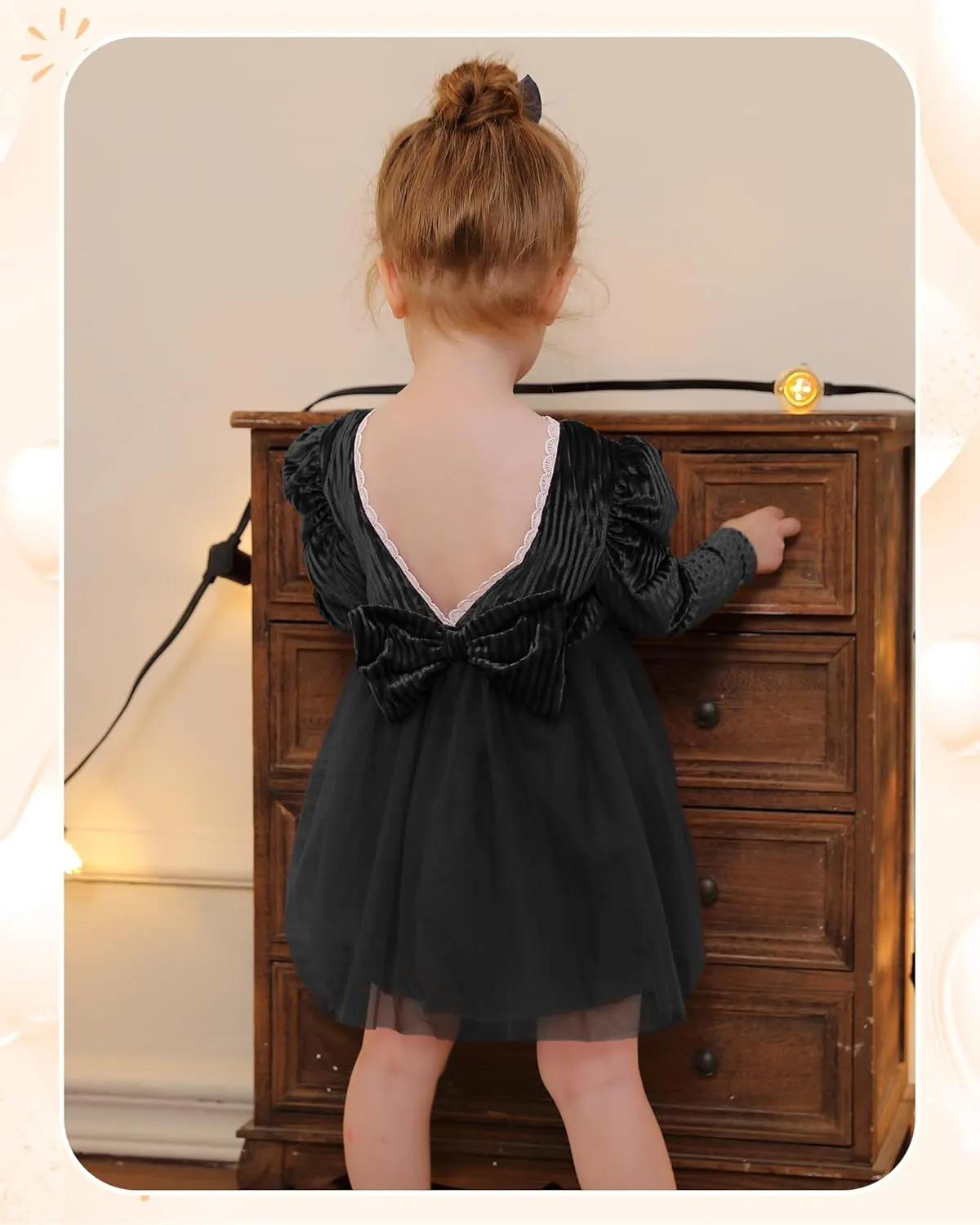 Kucnuzki Toddler Tutu Dress Little Girl Puff Sleeve Backless Fall Winter Princess Dress Flower Girls Velvet Dress 2-7Y