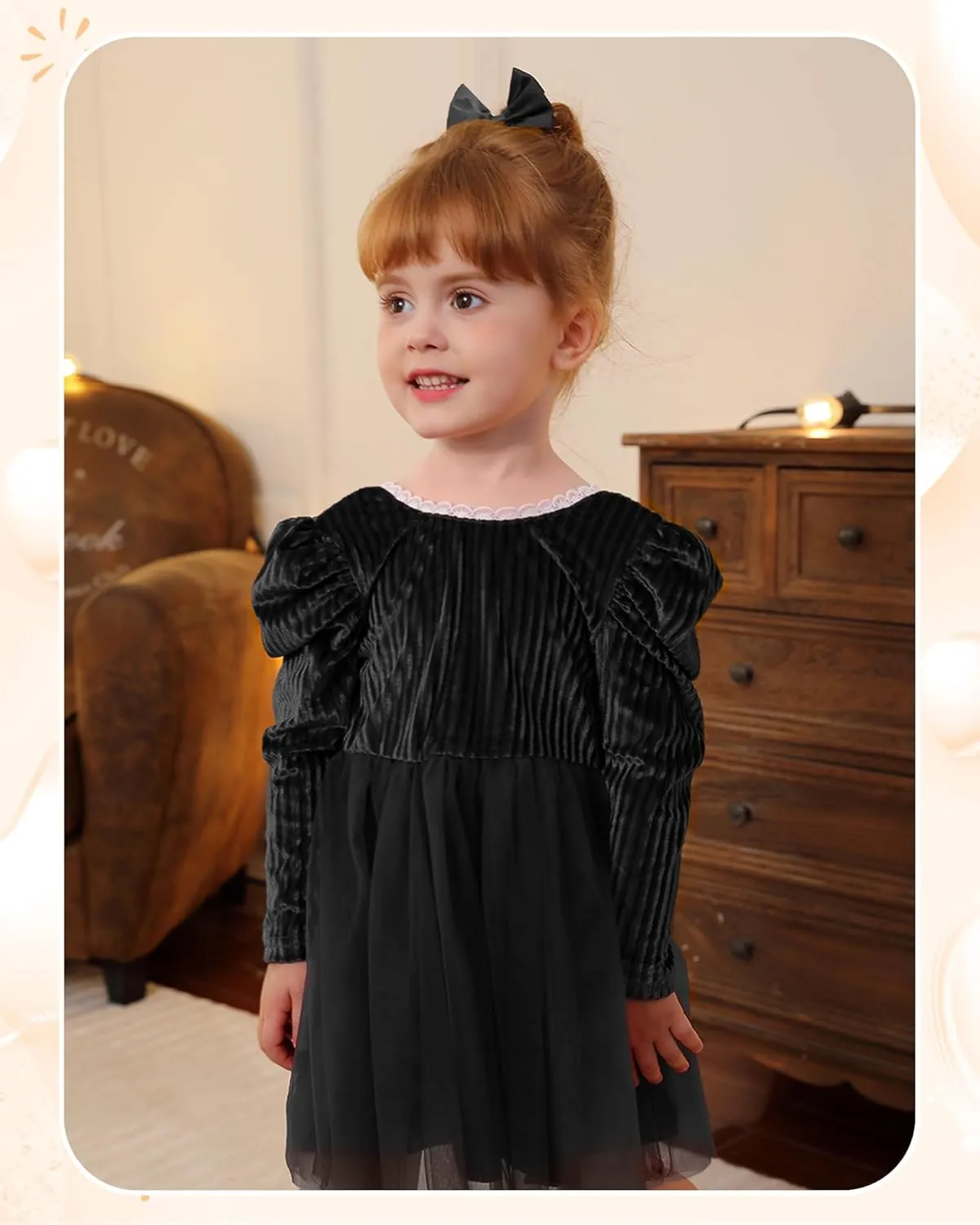 Kucnuzki Toddler Tutu Dress Little Girl Puff Sleeve Backless Fall Winter Princess Dress Flower Girls Velvet Dress 2-7Y