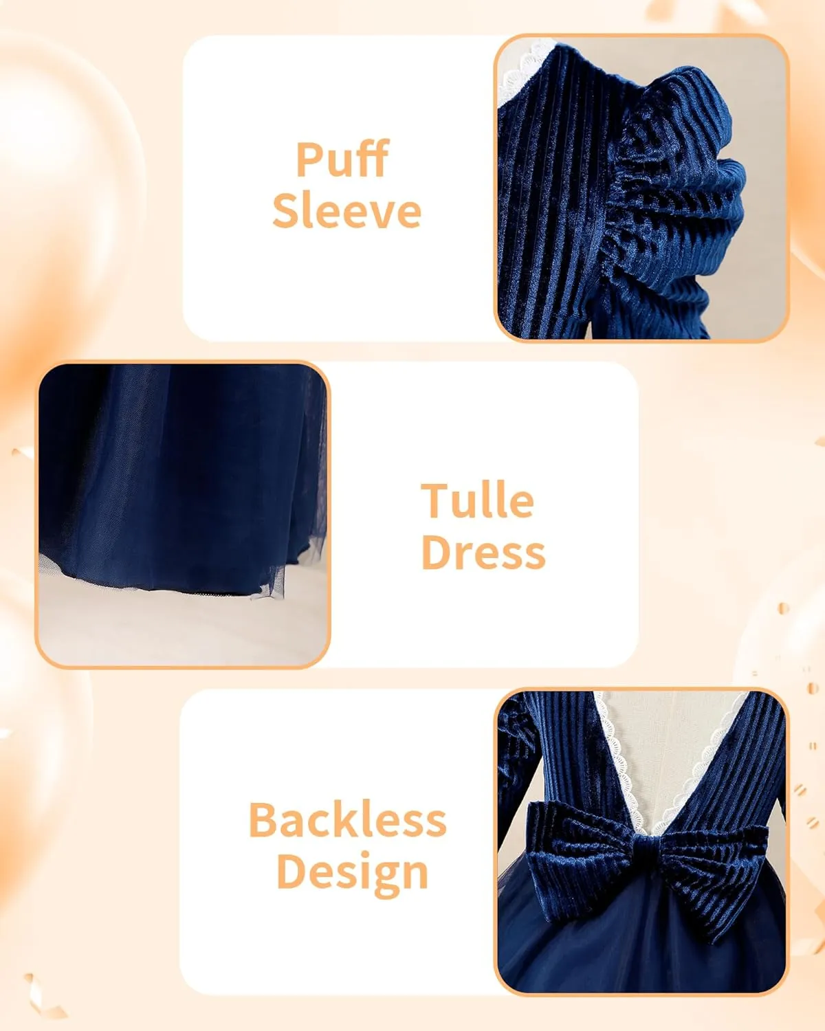 Kucnuzki Toddler Tutu Dress Little Girl Puff Sleeve Backless Fall Winter Princess Dress Flower Girls Velvet Dress 2-7Y