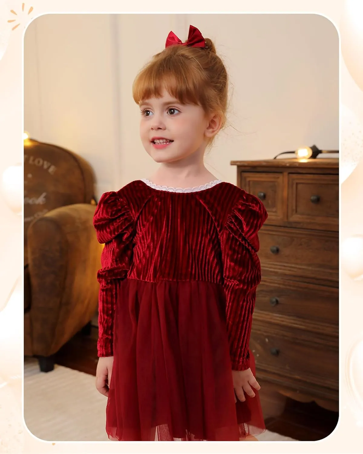 Kucnuzki Toddler Tutu Dress Little Girl Puff Sleeve Backless Fall Winter Princess Dress Flower Girls Velvet Dress 2-7Y