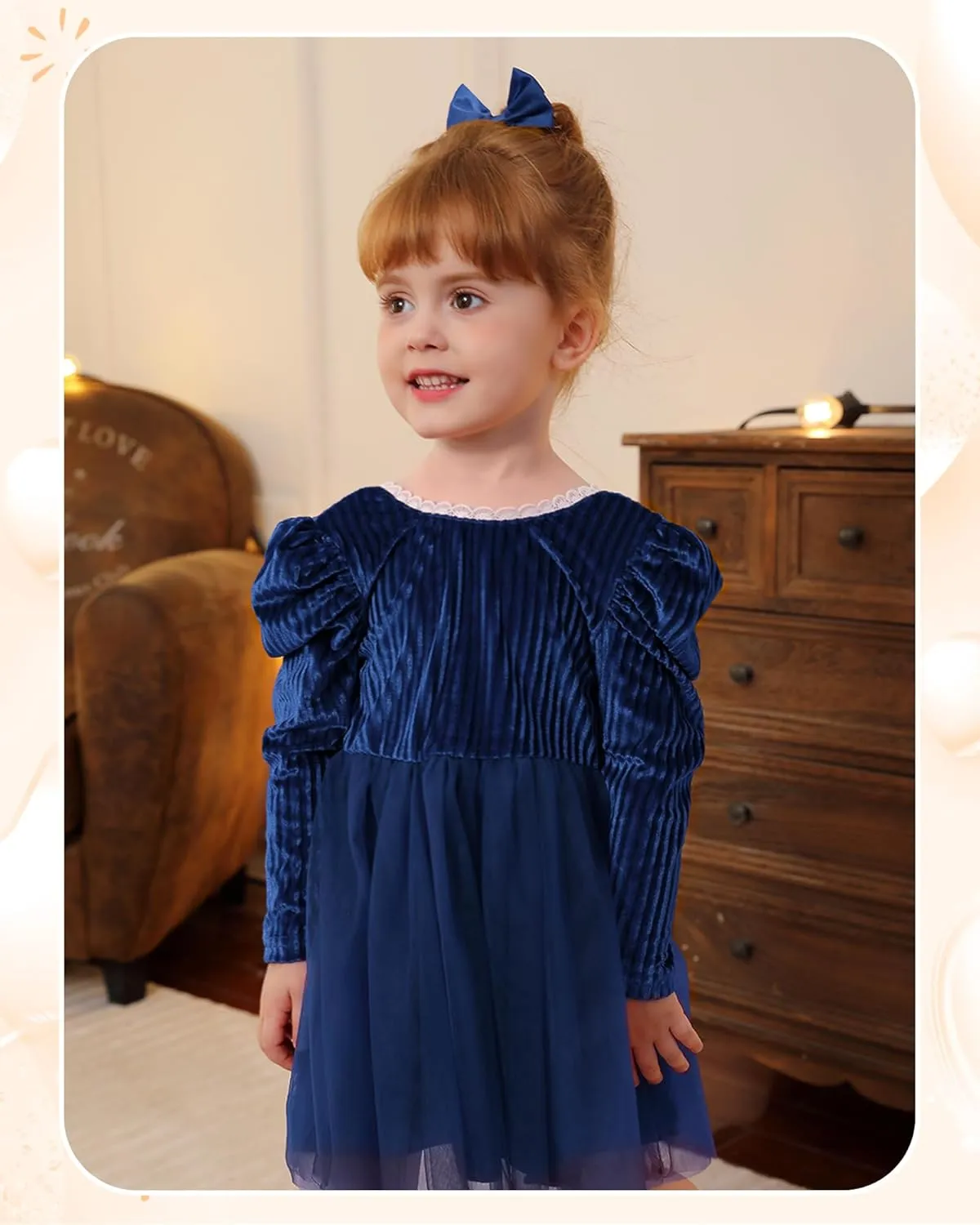 Kucnuzki Toddler Tutu Dress Little Girl Puff Sleeve Backless Fall Winter Princess Dress Flower Girls Velvet Dress 2-7Y