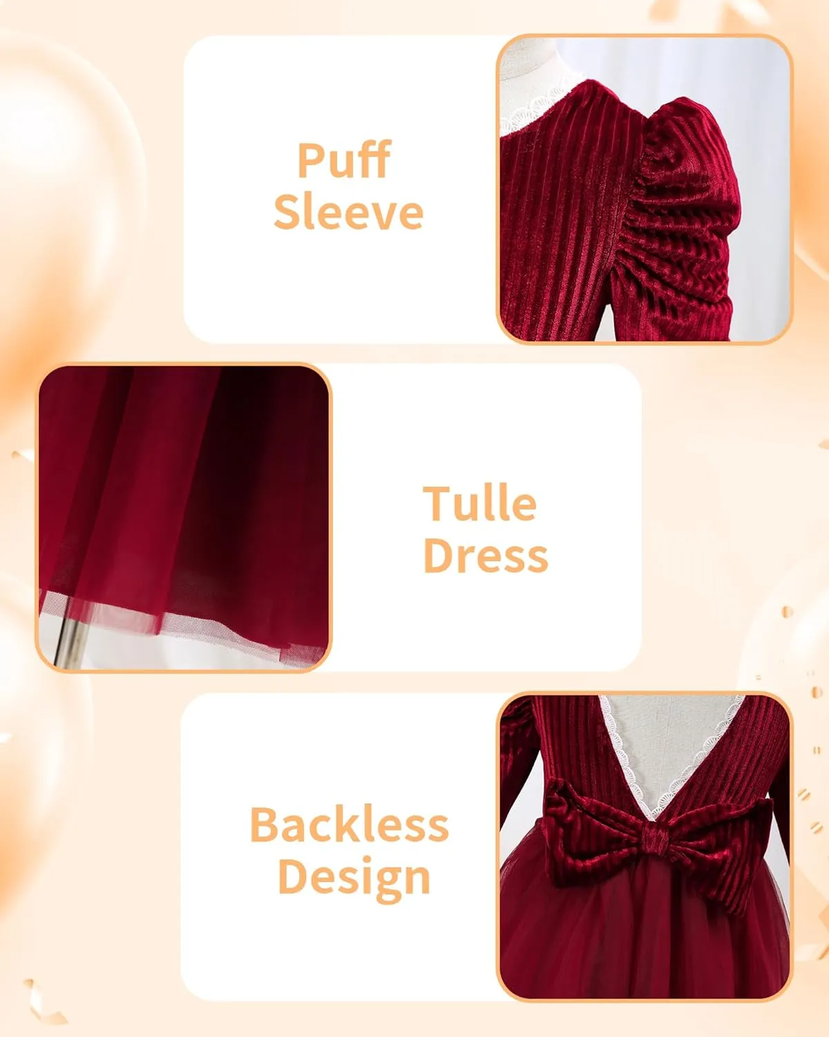 Kucnuzki Toddler Tutu Dress Little Girl Puff Sleeve Backless Fall Winter Princess Dress Flower Girls Velvet Dress 2-7Y