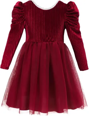 Kucnuzki Toddler Tutu Dress Little Girl Puff Sleeve Backless Fall Winter Princess Dress Flower Girls Velvet Dress 2-7Y