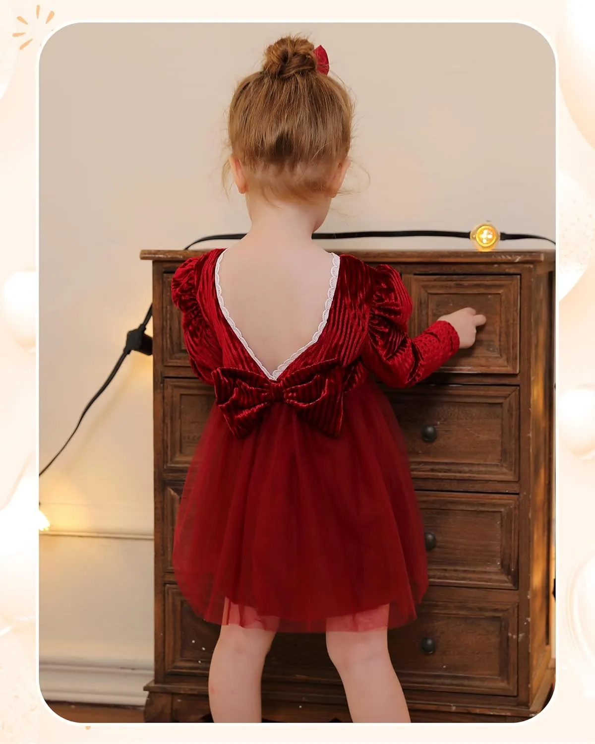 Kucnuzki Toddler Tutu Dress Little Girl Puff Sleeve Backless Fall Winter Princess Dress Flower Girls Velvet Dress 2-7Y