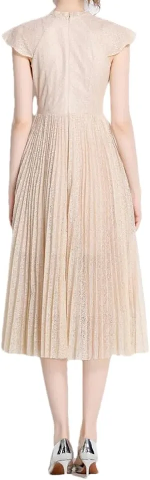 Lace Pleated Resort Maxi Dress for Women Solid Midi Embroidered A-Line Skirt