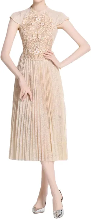 Lace Pleated Resort Maxi Dress for Women Solid Midi Embroidered A-Line Skirt