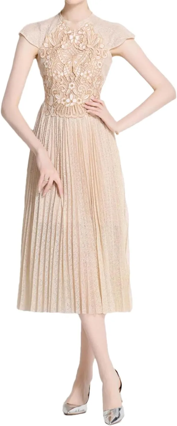 Lace Pleated Resort Maxi Dress for Women Solid Midi Embroidered A-Line Skirt