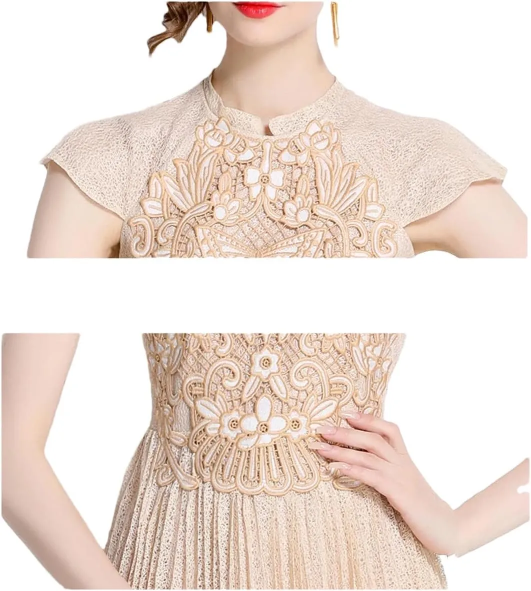 Lace Pleated Resort Maxi Dress for Women Solid Midi Embroidered A-Line Skirt