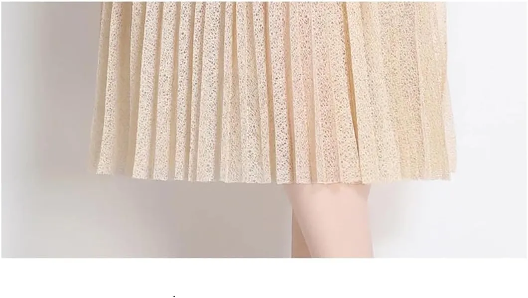 Lace Pleated Resort Maxi Dress for Women Solid Midi Embroidered A-Line Skirt