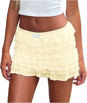 Lace Skirts for Women Y2k Low Waist Pleated Ruffle Hem Layered Flowy Short Skirt Underskirt for Party Club Streetwear
