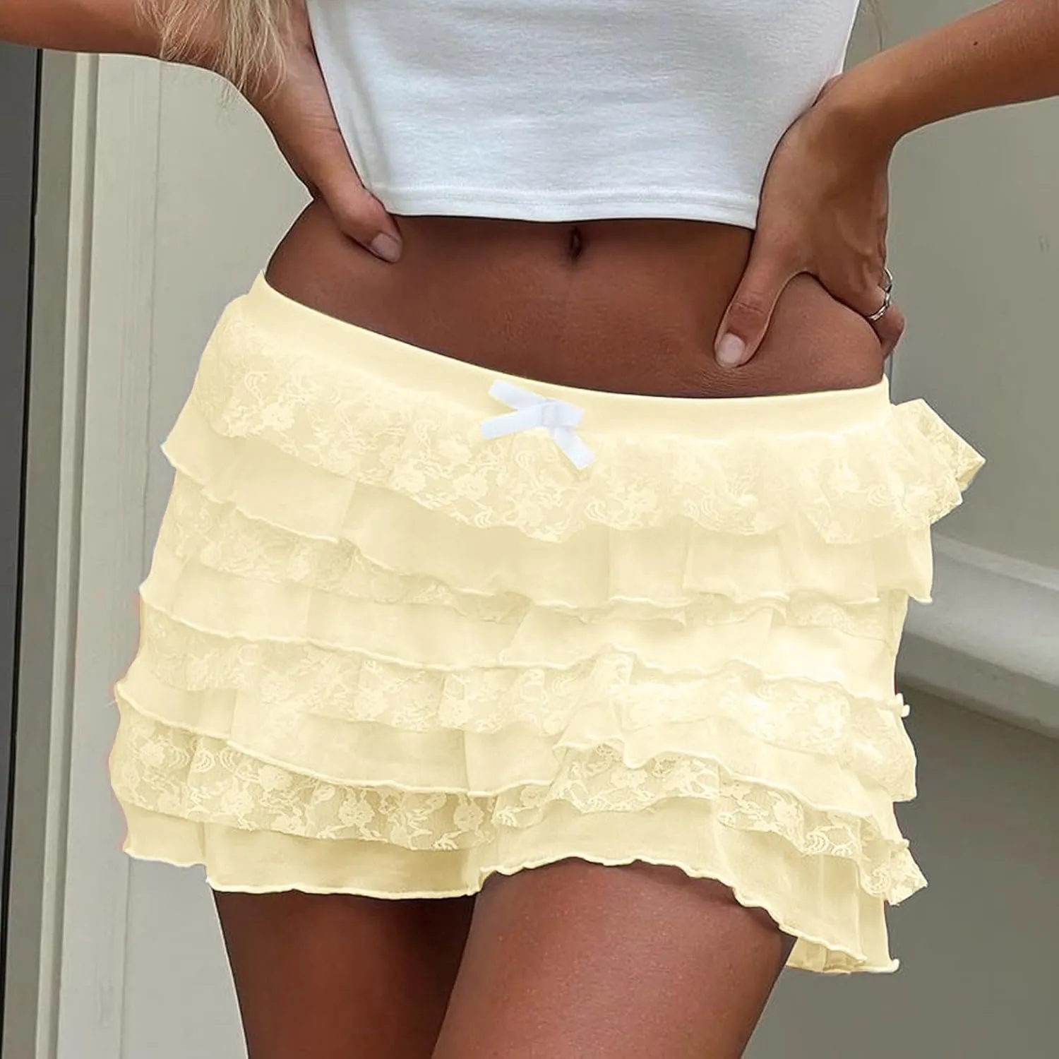 Lace Skirts for Women Y2k Low Waist Pleated Ruffle Hem Layered Flowy Short Skirt Underskirt for Party Club Streetwear