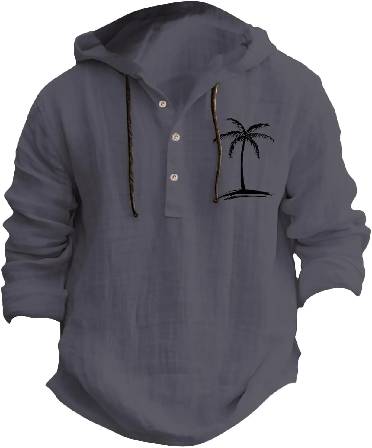 Linen Button Down Coconut Tree Pattern Printed Hooded Shirt Casual Summer Vacation Beach Long Sleeve Tees with Hooded